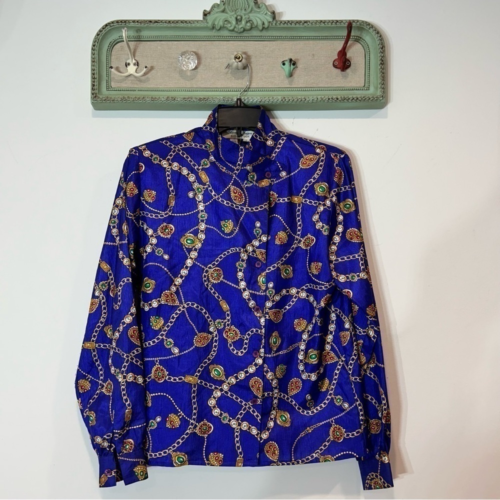 Laura Jayne Collection Polyester Vintage 80s Blouse Chains cache Jewels jacket 6